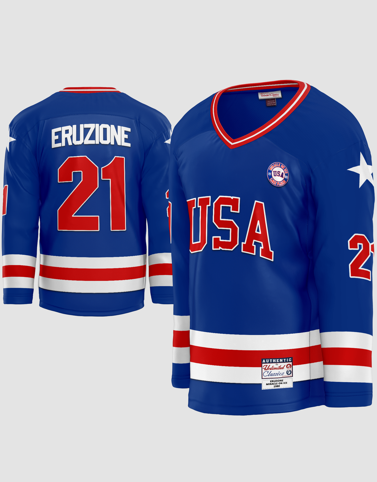 Mike Eruzione #21 Miracle Team USA Blue Hockey Jersey